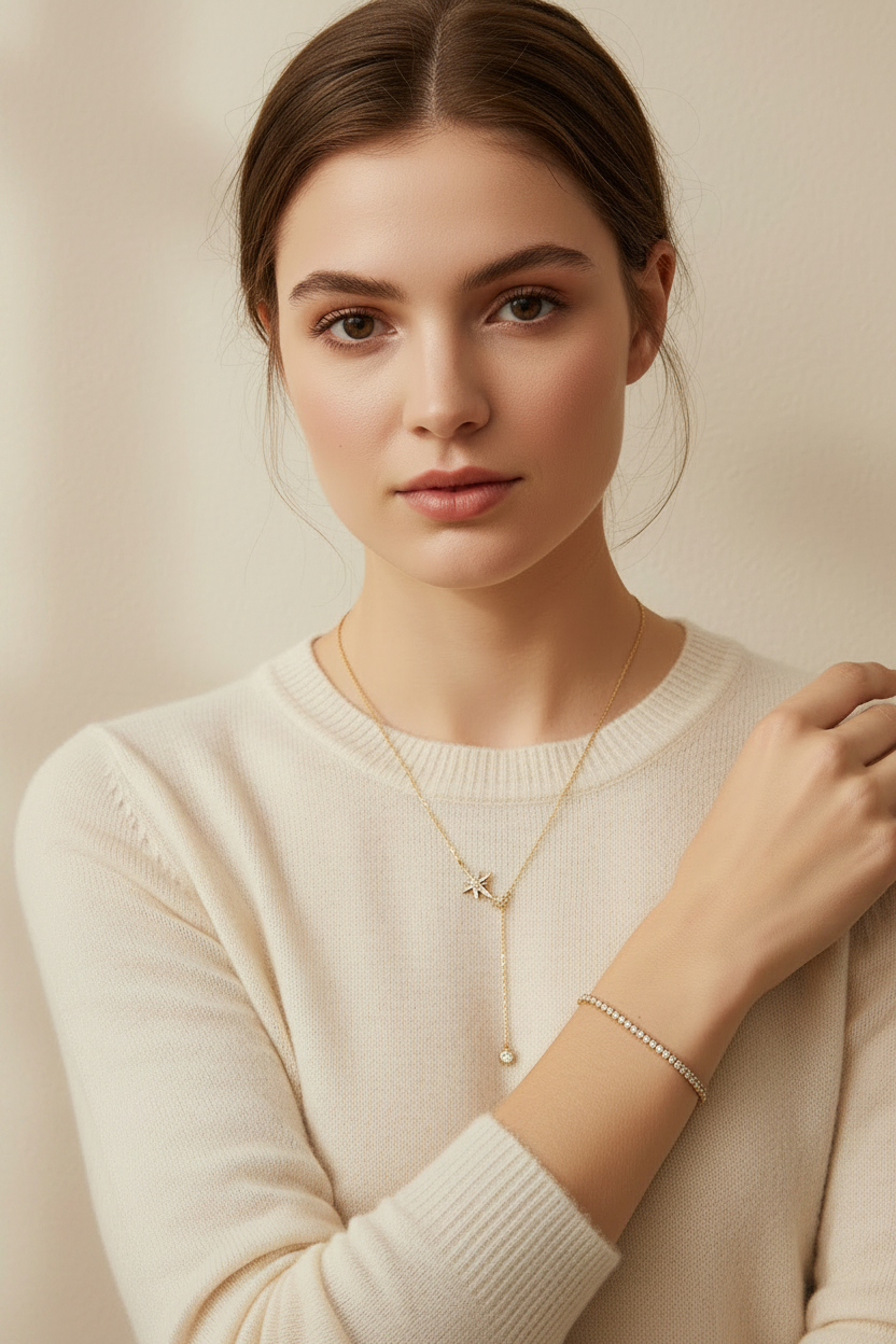 Modell bär Nordic Glow Set Guld – tennisarmband på handled och nordstjärnhalsband runt hals